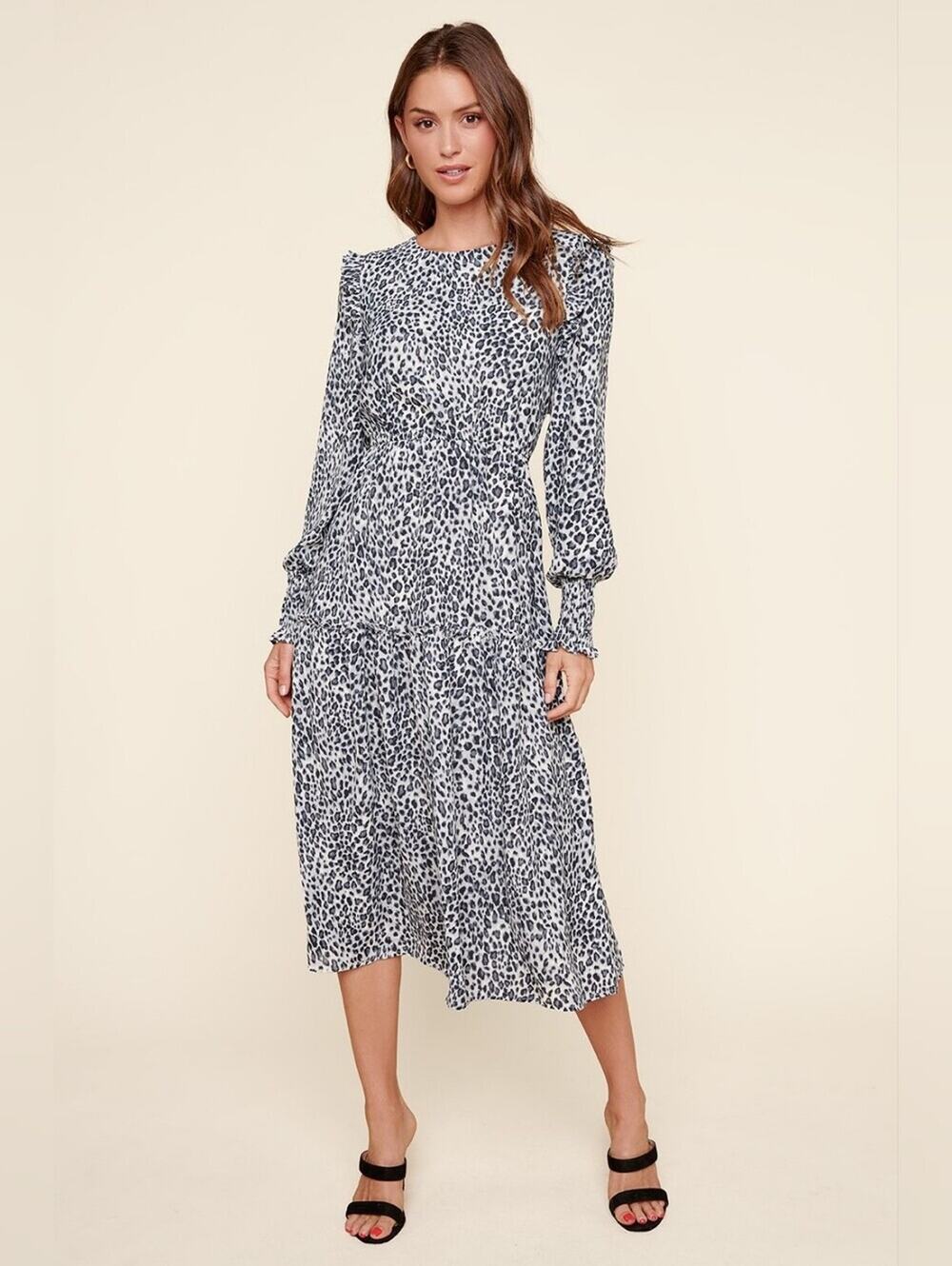 Sugarlips Tawny Leopard Print Long Sleeve Midi Dress Black White gray  S